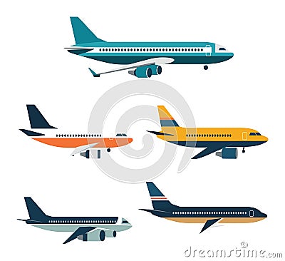 Four commercial airplanes in different colors isolated on white. Modern passenger aircraft, side view, flat design Vector Illustration