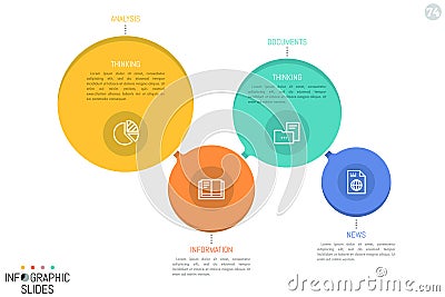 Four connected circular elements of different size and color with icons and text boxes Vector Illustration