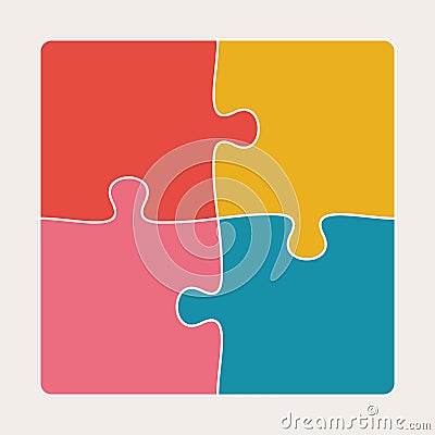 Four connected jigsaw puzzle parts. Infographic template with matching pieces. Teamwork concept. Vector Illustration