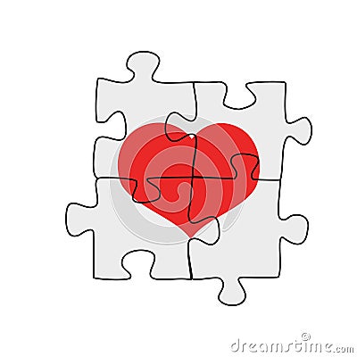 Four connected puzzle pieces with a heart on it, raster illustration on white Cartoon Illustration