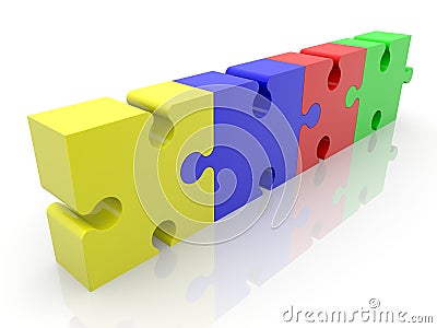 Four connected puzzle pieces in a row on white Stock Photo