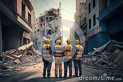 Four construction workers or rescue workers on a street in a big city completely destroyed by an earthquake Stock Photo