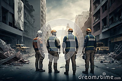 Four construction workers or rescue workers on a street in a big city completely destroyed by an earthquake. Stock Photo