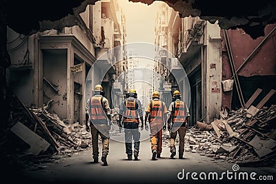 Four construction workers or rescue workers on a street in a big city completely destroyed by an earthquake. Stock Photo