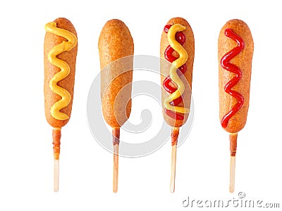 Four corn dogs with different toppings isolated on white Stock Photo