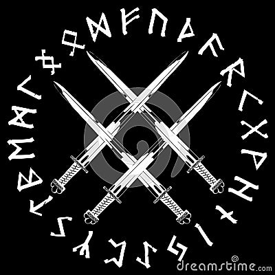 Four crossed the Vikings sword in a circle of Norse runes Vector Illustration