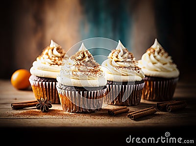 four cupcakes with cheese frosting Stock Photo