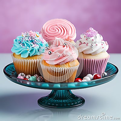 Four cupcakes on Glass Plate with sprinkles. Generative AI Stock Photo