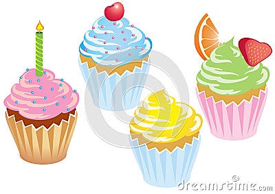 Four cupcakes with icing Stock Photo