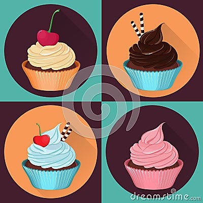 Four cupcakes, realistic vector illustration. Vector Illustration