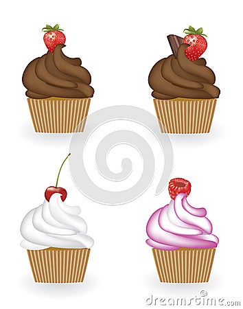 Four cupcakes set with strawberry, cherry and raspberry Vector Illustration