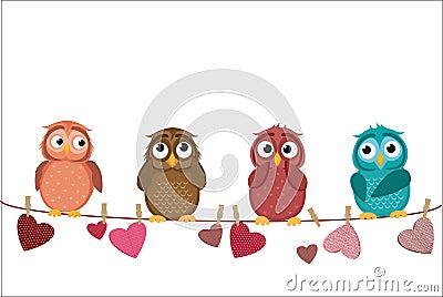 Four cute colored owlet sitting on a string. A red hearts Cartoon Illustration