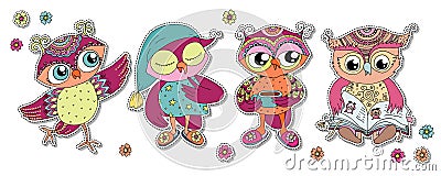 Four cute colorful cartoon owls Vector Illustration