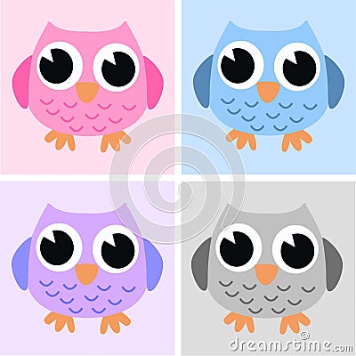 Four cute owls Vector Illustration