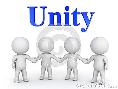 Four 3D Character holding hands with Unity text written above t Stock Photo