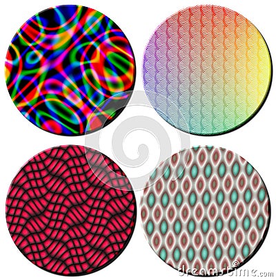 Four 3D Multi colord patterned circular disks Stock Photo