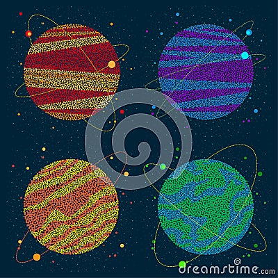 Four decorative planets consisting of dots Vector Illustration