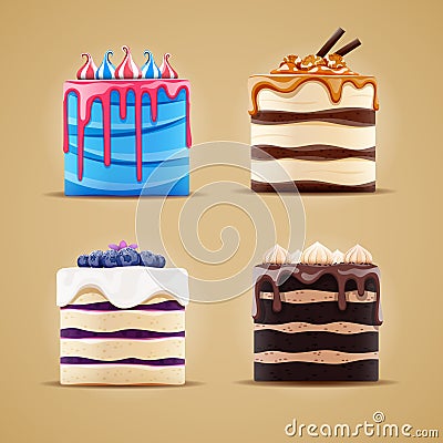 Four delicious different cakes with blueberry, meringue, caramel and marshmallow Cartoon Illustration