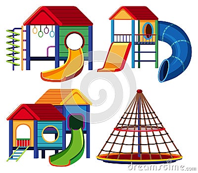 Four designs of playhouse with slide and climbing pole Vector Illustration