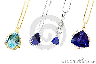 Four Different Designer Pendants with Tanzanite, Aquamarine and Diamonds Stock Photo
