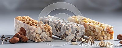 Four different flavors of granola bars sprinkled with chopped nuts.. AI generation Stock Photo