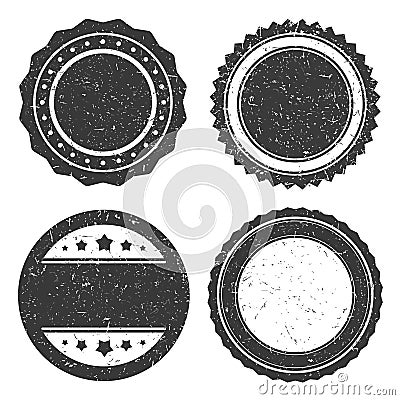 Four different grunge badge template, black scratched circle stamp old styled. Vector Illustration