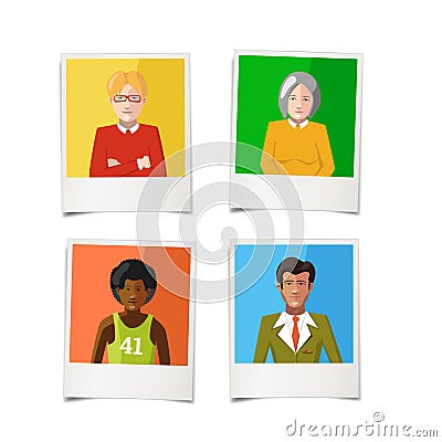 Four different polaroid instant photos with flat portraits of people on colourful backgrounds Stock Photo