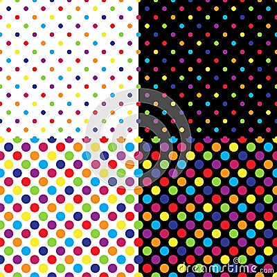 Four different seamless colorful polka dot patterns. Vector illustration. Vector Illustration