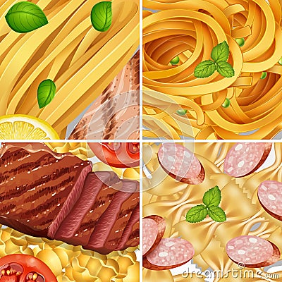 Four Diffrent Perfect Pasta Meal Vector Illustration