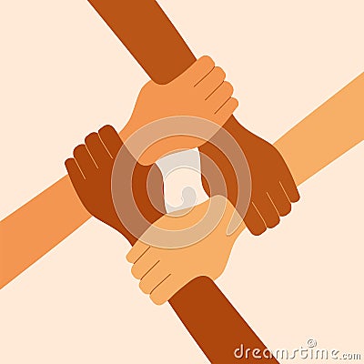 Four diverse hands holding each other. People together Vector Illustration