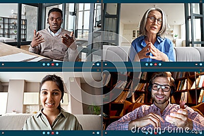 Four diverse people participate virtual team meeting on video conference call. Stock Photo