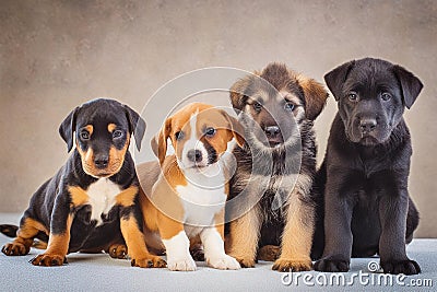 Four dog puppies sitting next to each other Stock Photo