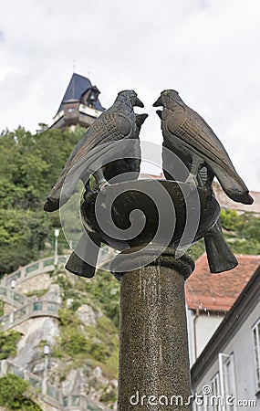 Four dove fountain closeup on Schlossbergplatz in Graz, Austria. Stock Photo