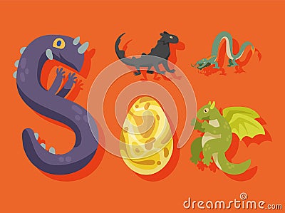 four dragons creatures icons Vector Illustration