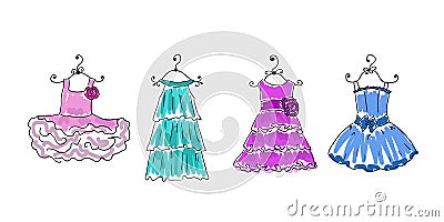 Four dresses on hangers Vector Illustration