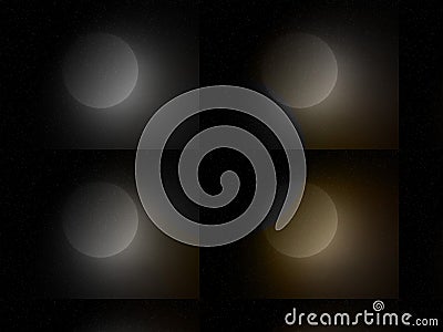 Four dull blurred silhouettes of a big full moon and yellow light halo on black starry sky background wallpaper. Cartoon Illustration