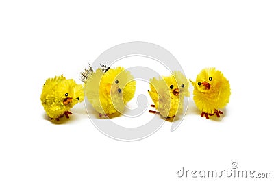 Four Easter chickens dancing on white background Stock Photo