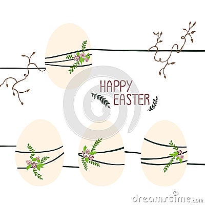 Four Easter eggs in threads, flowers and vines. Vector Illustration