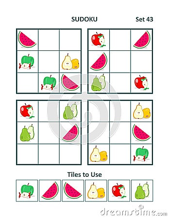 Four easy picture sudoku games with fruit and berry iconic images. Set 43. Vector Illustration