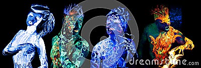 Four elements. Body art glowing in ultraviolet light Stock Photo