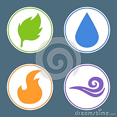 Four Elements: Fire, Water, Earth, Air. Nature Element Stickers. Vector illustration for your design. Vector Illustration