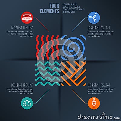 Vector infographics template. Four elements illustration and environmental, ecology icons on black background. Vector Illustration