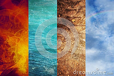 Four Elements of Nature, collage of abstract backgrounds from Fire, Water, Earth, and Air, ecology concept Stock Photo