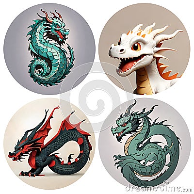 Four emblems with dragons. Fantasy monster. Eastern horoscope. Cartoon character. Fairy tale Cartoon Illustration