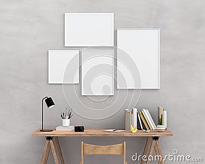 Four empty photo frame for mockup on wall, 3D rendering Stock Photo