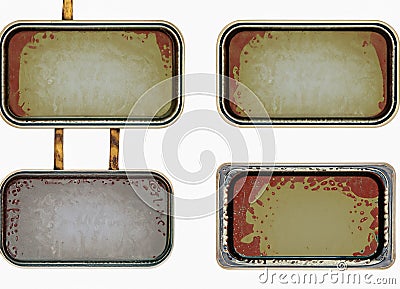 Four empty vintage tin signs on a white background Stock Photo
