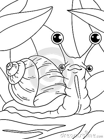 Four eyed snail in the grass. Children picture coloring, black stroke, white background. Cartoon Illustration