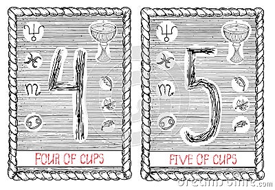 Four and five of cups. The tarot card. Vector Illustration