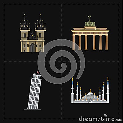 Four flat landmark icons Vector Illustration