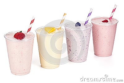 Four Flavors of Fruit Yogurt Smoothies Stock Photo